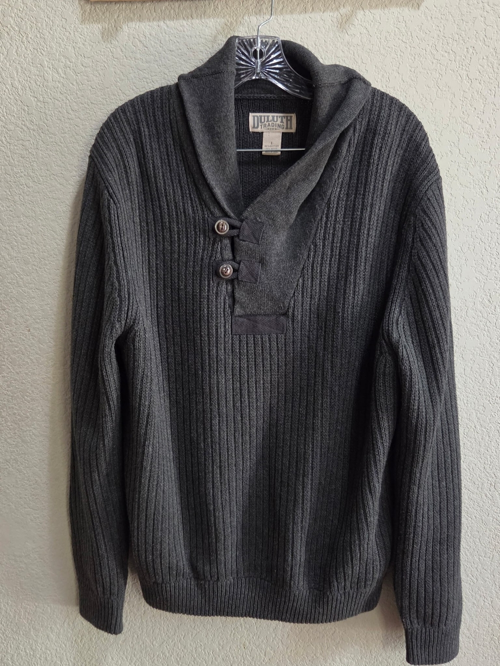 Duluth Trading Co Charcoal Gray Ribbed Shawl Collar Sweater Size Lg